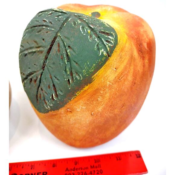 Chalked Ceramic Fruit Pair Apple and Pear Leaf Shelf Decor 6.5" Farmhouse - Picture 9 of 11